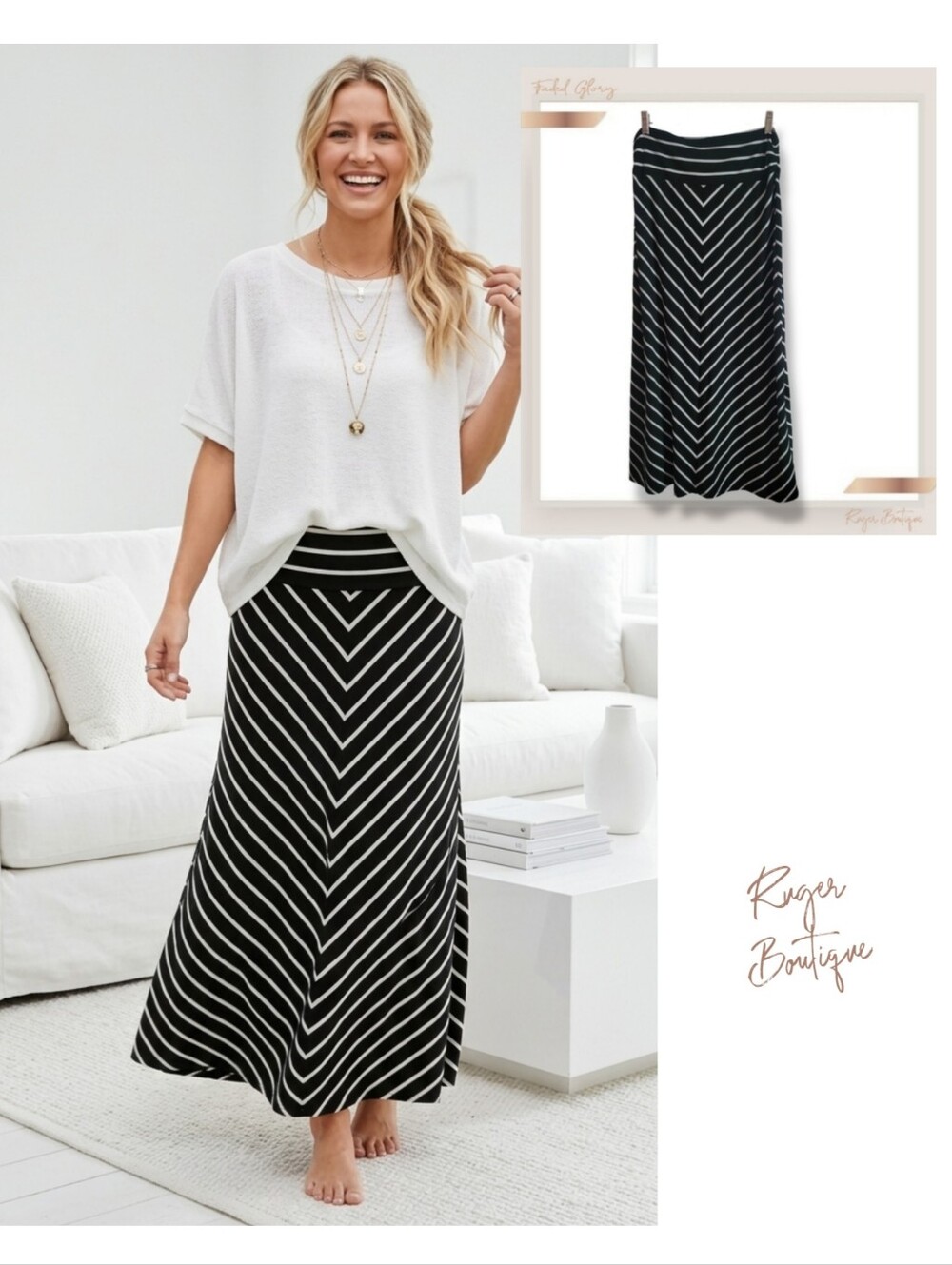 🌿Vintage Faded Glory Black & White Striped Maxi Skirt - Women’s Medium